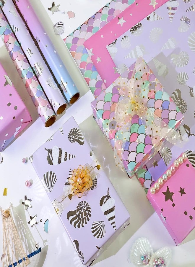 MAMUNU Birthday Wrapping Paper Rolls, Pink Purple Mermaid Gift Wrapping Paper Girls Women, Metallic Foil Shiny Wrapping Paper Rolls for Birthday Baby Bridal Shower Wedding, 3 Mini Rolls-17x118 Inch Per Roll. - Image 2